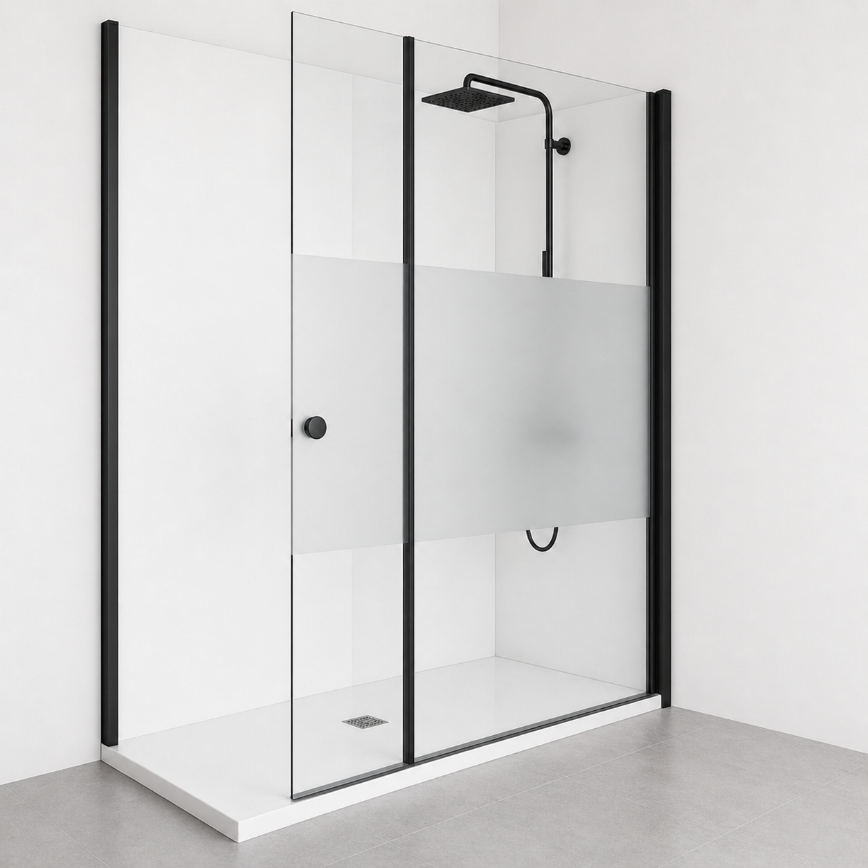 Paroi de douche avec volet pivotant en verre 6mm transparent et accessoires en noir mat
