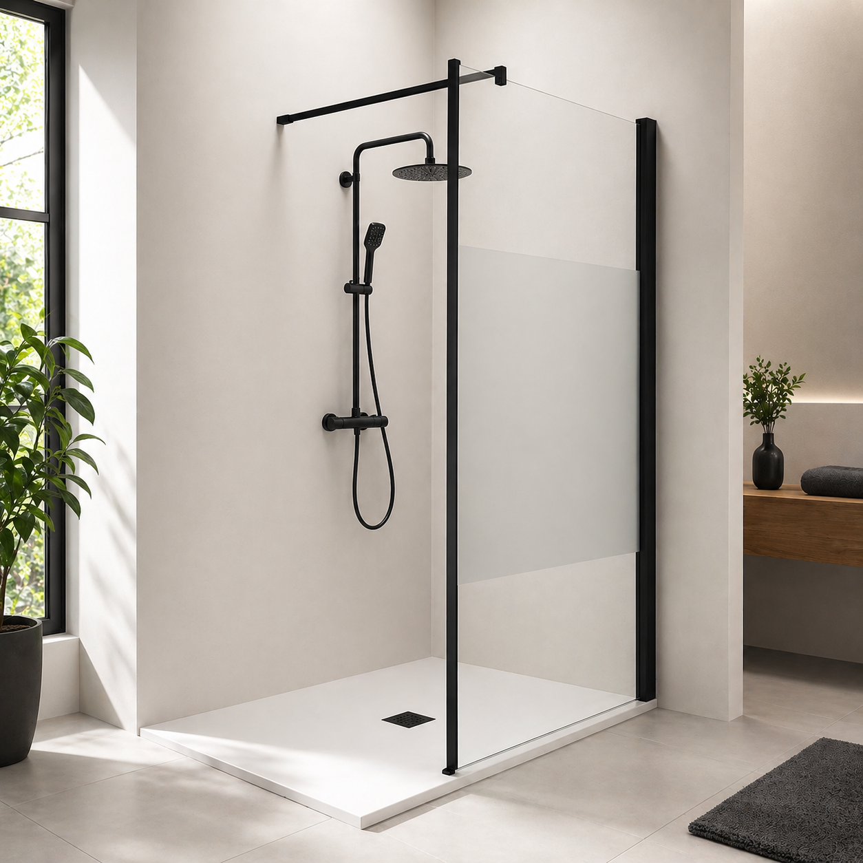 Paroi de douche en verre transparent avec bande centrale sabl�e et accessoires en noir mat