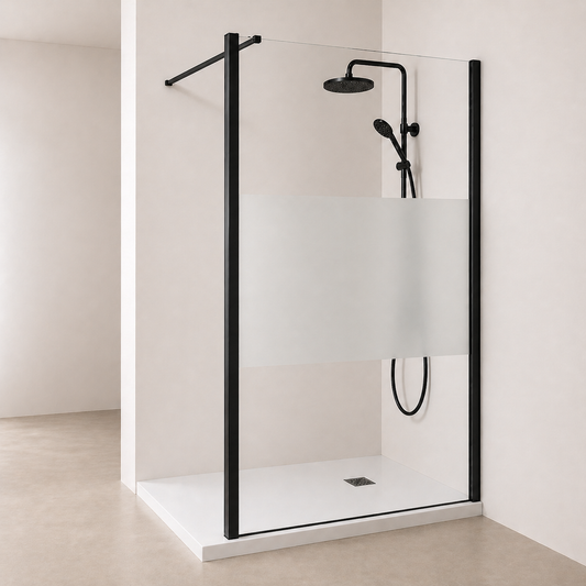 Paroi de douche en verre transparent avec bande centrale sabl�e et accessoires en noir mat