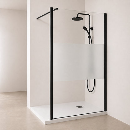 Paroi de douche en verre transparent avec bande centrale sabl�e et accessoires en noir mat
