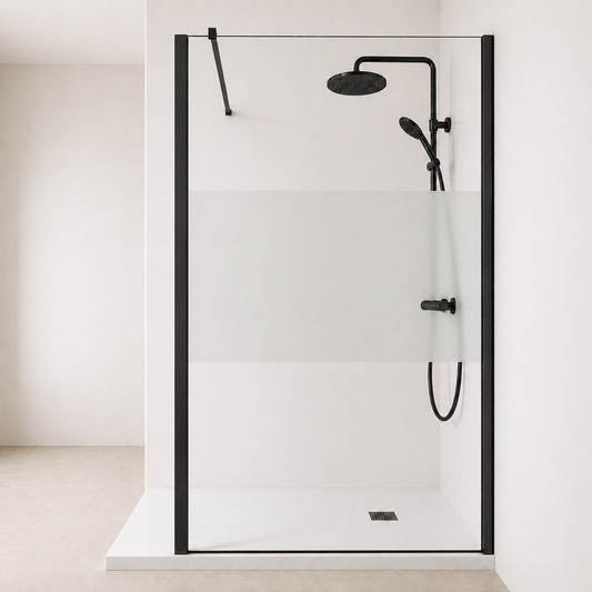 Paroi de douche en verre transparent avec bande centrale sabl�e et accessoires en noir mat