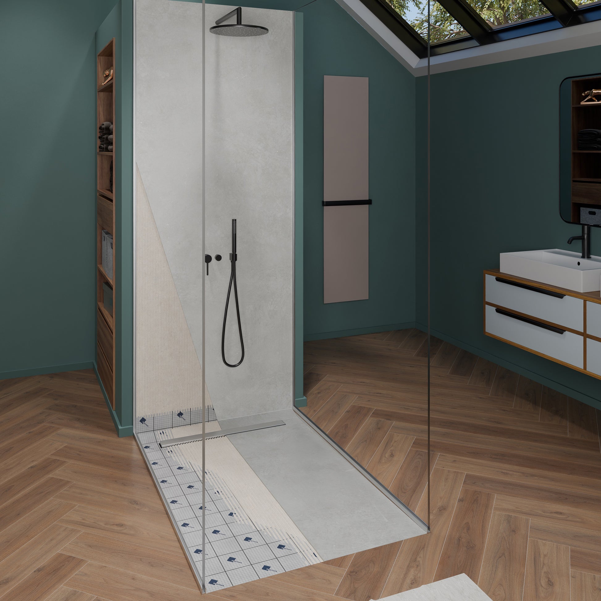 Receveur de douche � carreler Mono pente avec caniveau excentr� en inox 70x7 en inox