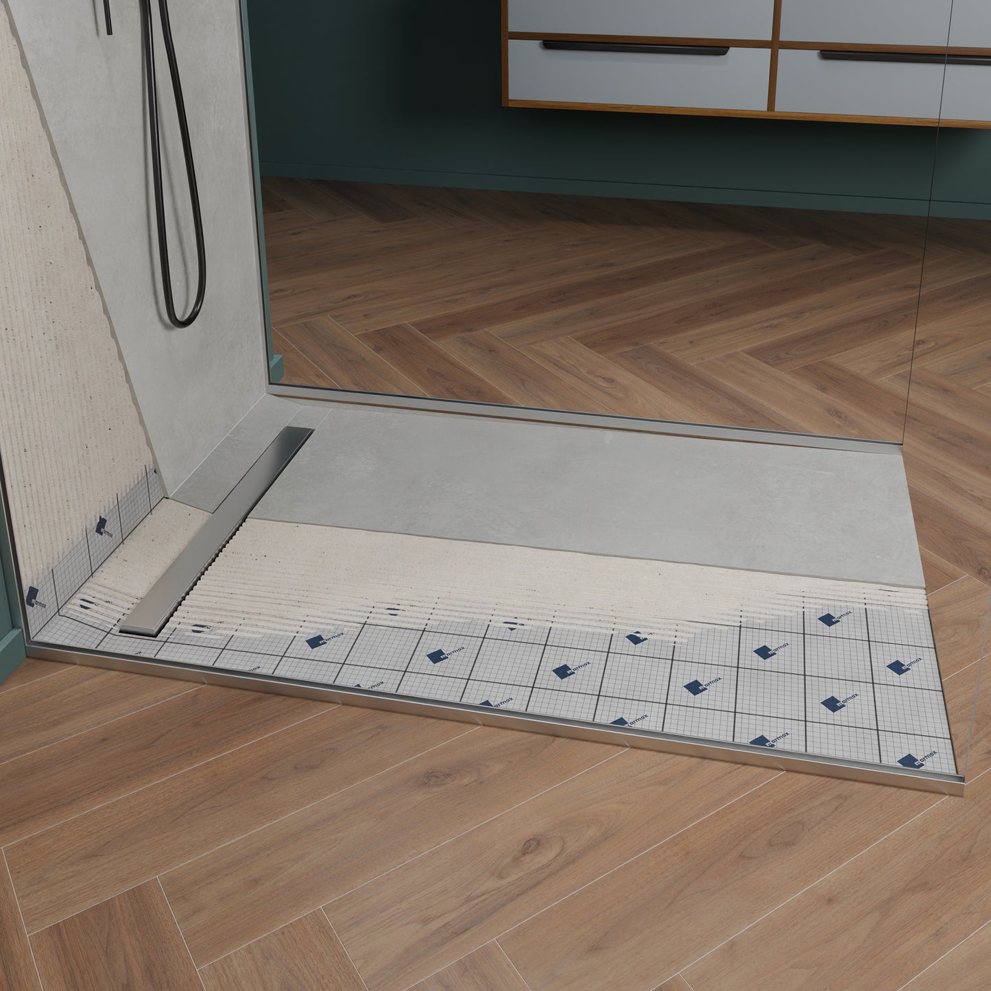 Receveur de douche � carreler Mono pente avec caniveau excentr� en inox 70x7 en inox