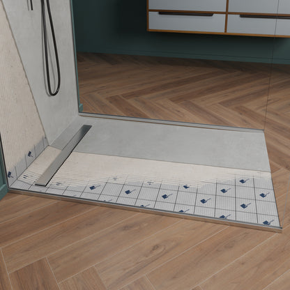 Receveur de douche � carreler Mono pente avec caniveau excentr� en inox 70x7 en inox