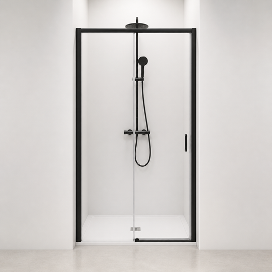 Porte de douche coulissante à 2 vantaux en verre transparent anticalcaire de 6 mm – cadre noir mat