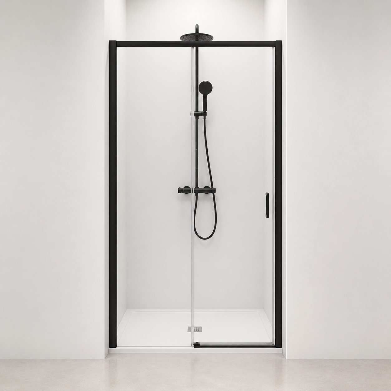 Porte de douche coulissante à 2 vantaux en verre transparent anticalcaire de 6 mm – cadre noir mat