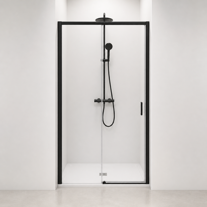 Porte de douche coulissante à 2 vantaux en verre transparent anticalcaire de 6 mm – cadre noir mat