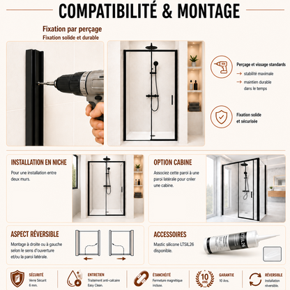 Porte de douche coulissante à 2 vantaux en verre transparent anticalcaire de 6 mm – cadre noir mat