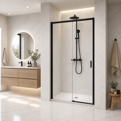 Porte de douche coulissante à 2 vantaux en verre transparent anticalcaire de 6 mm – cadre noir mat