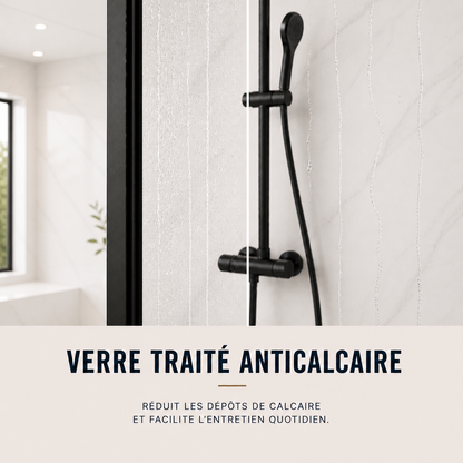 Porte de douche coulissante à 2 vantaux en verre transparent anticalcaire de 6 mm – cadre noir mat