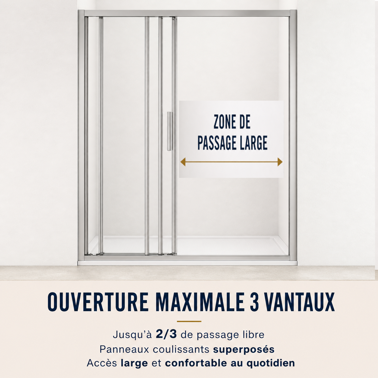 Porte de douche coulissante à 3 vantaux en verre transparent anticalcaire de 6 mm – cadre chromé