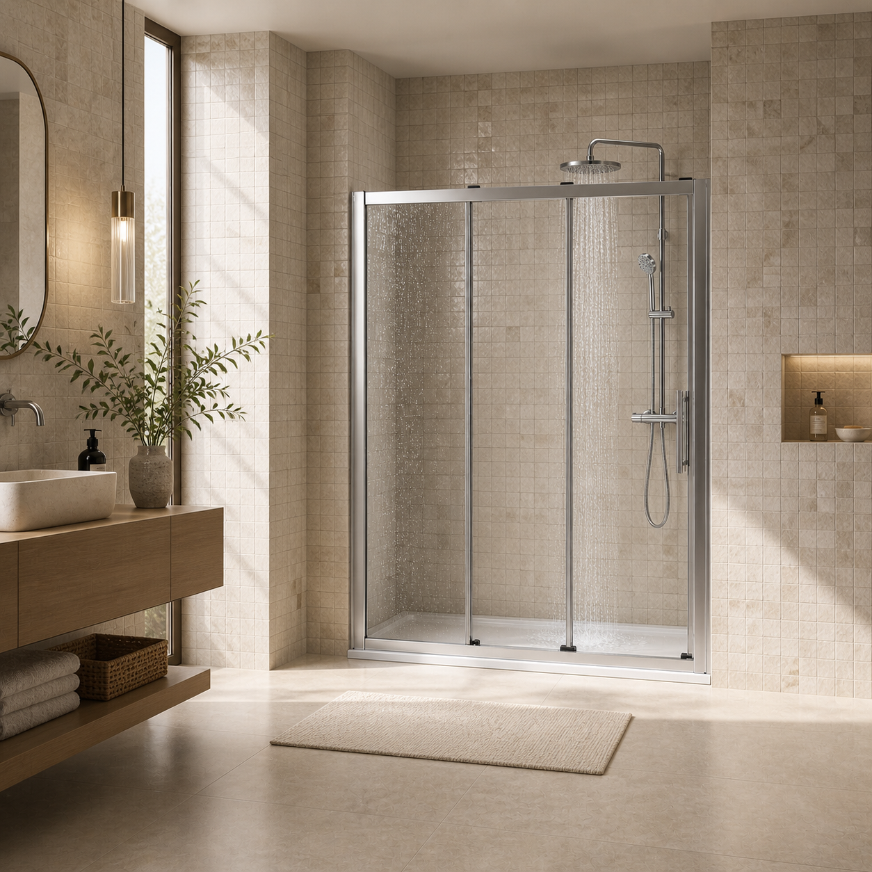 Porte de douche coulissante à 3 vantaux en verre transparent anticalcaire de 6 mm – cadre chromé