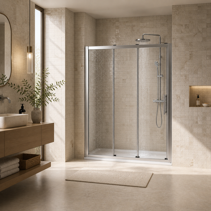 Porte de douche coulissante à 3 vantaux en verre transparent anticalcaire de 6 mm – cadre chromé