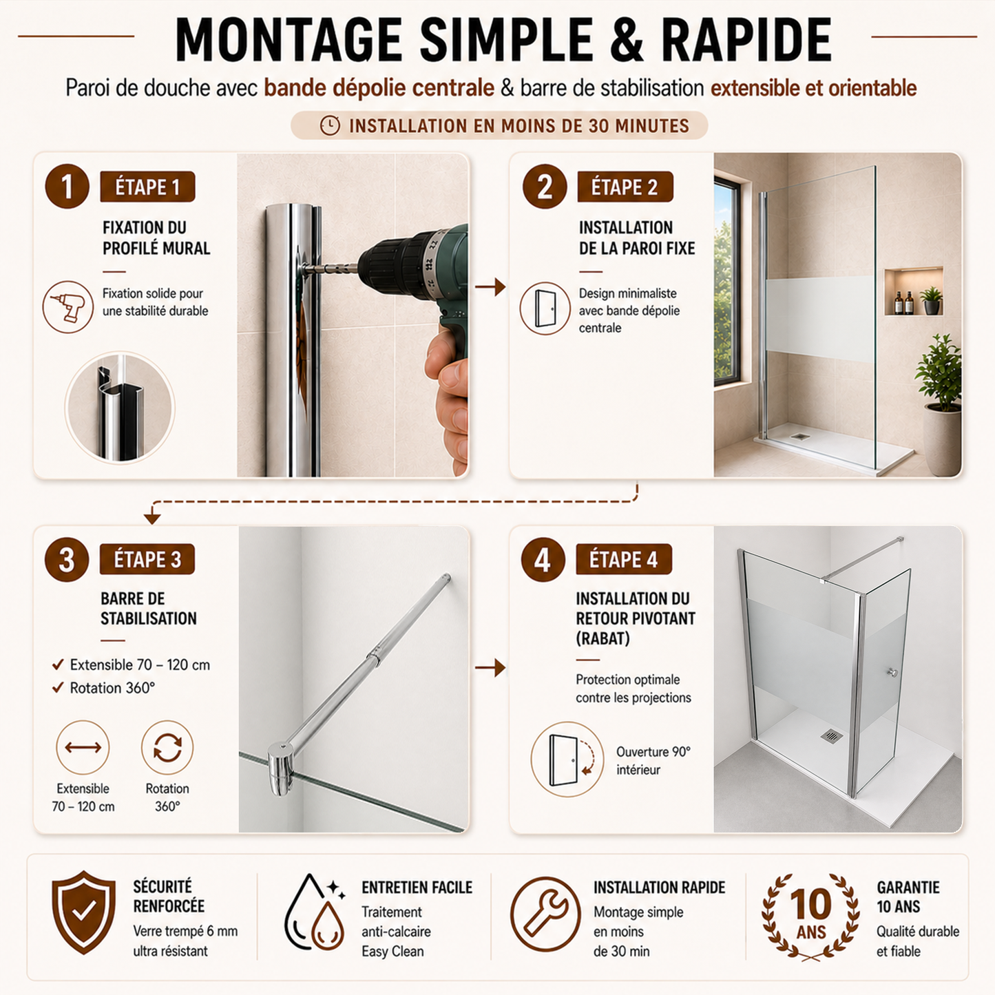 Porte de douche pivotante pliante avec bande opaque - reversible sans cadre et anticalcaire – Profilé aluminium chromé