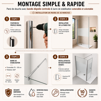 Porte de douche pivotante pliante avec bande opaque - reversible sans cadre et anticalcaire – Profilé aluminium chromé
