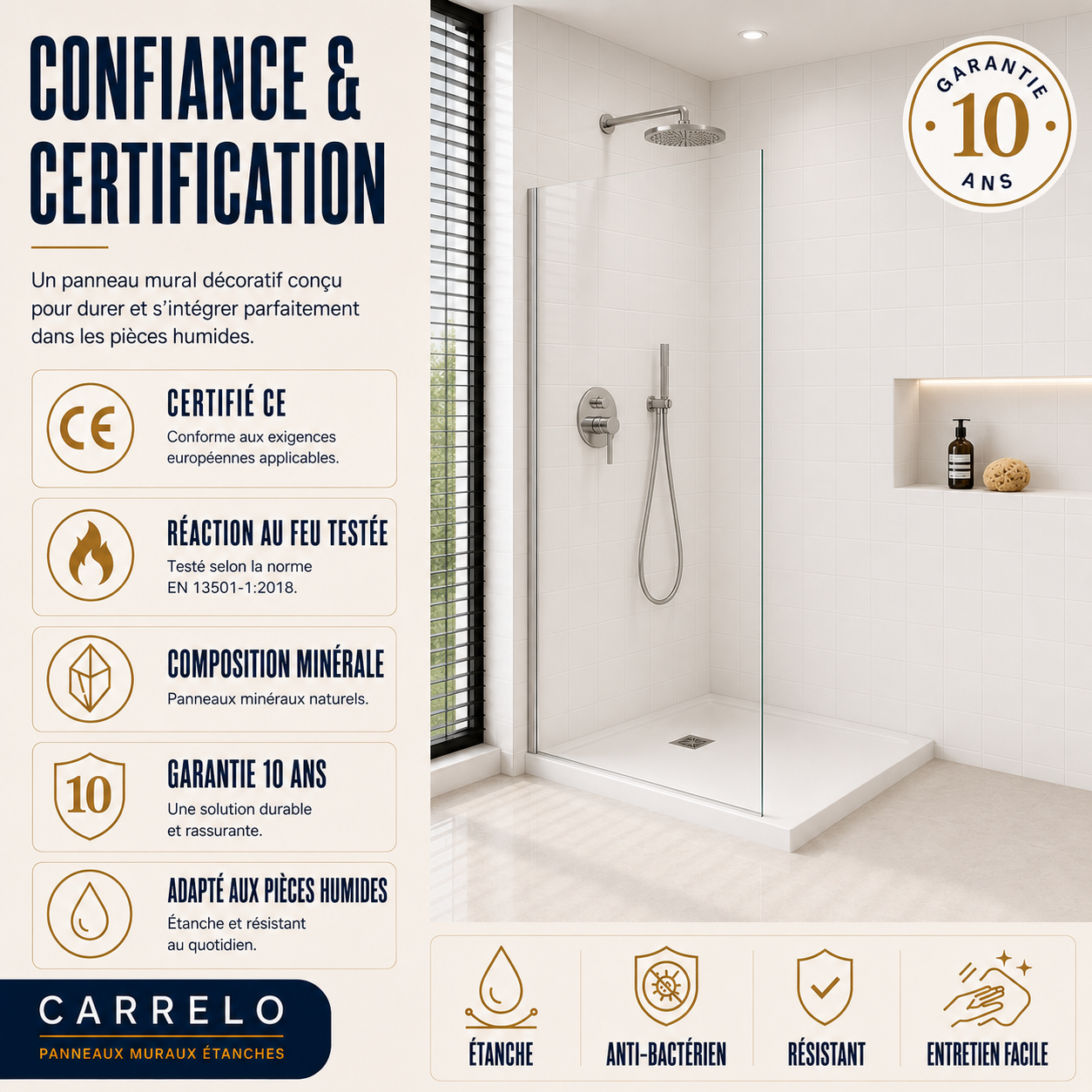 Pack de 3 panneaux muraux de salle de bain 60x90 aspect carrelage carée