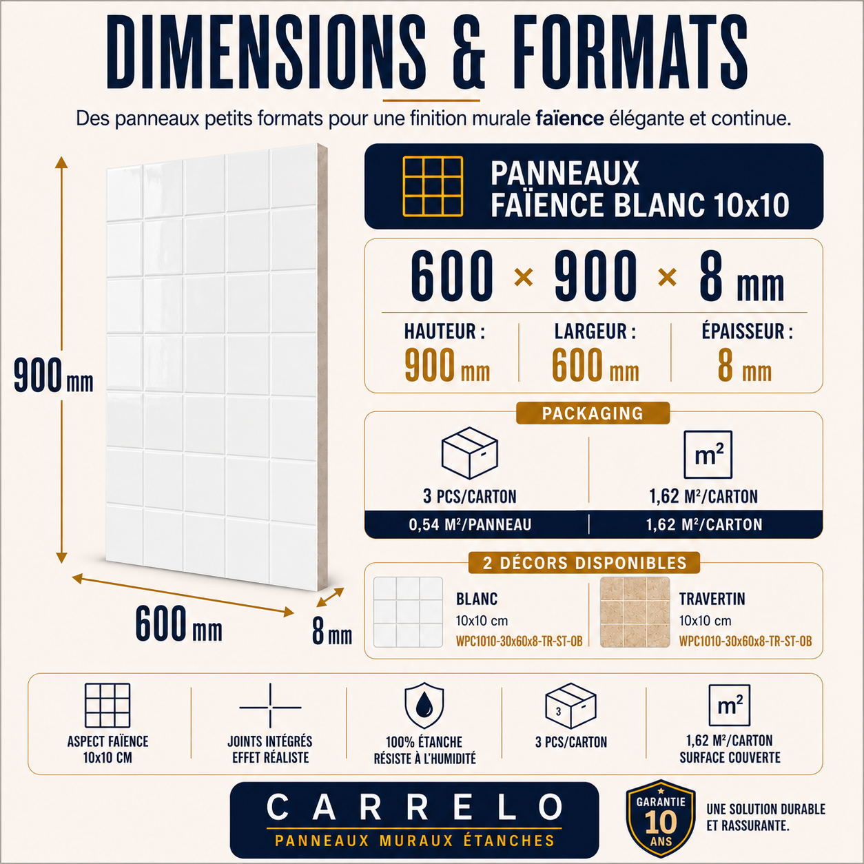 Pack de 3 panneaux muraux de salle de bain 60x90 aspect carrelage carée