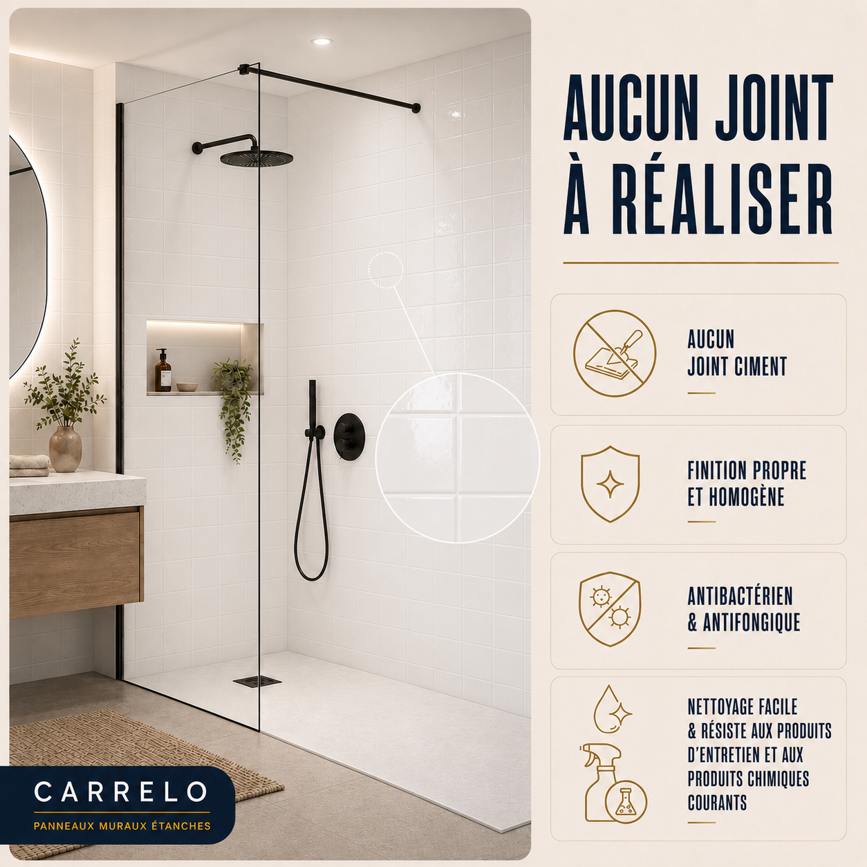 Pack de 3 panneaux muraux de salle de bain 60x90 aspect carrelage carée