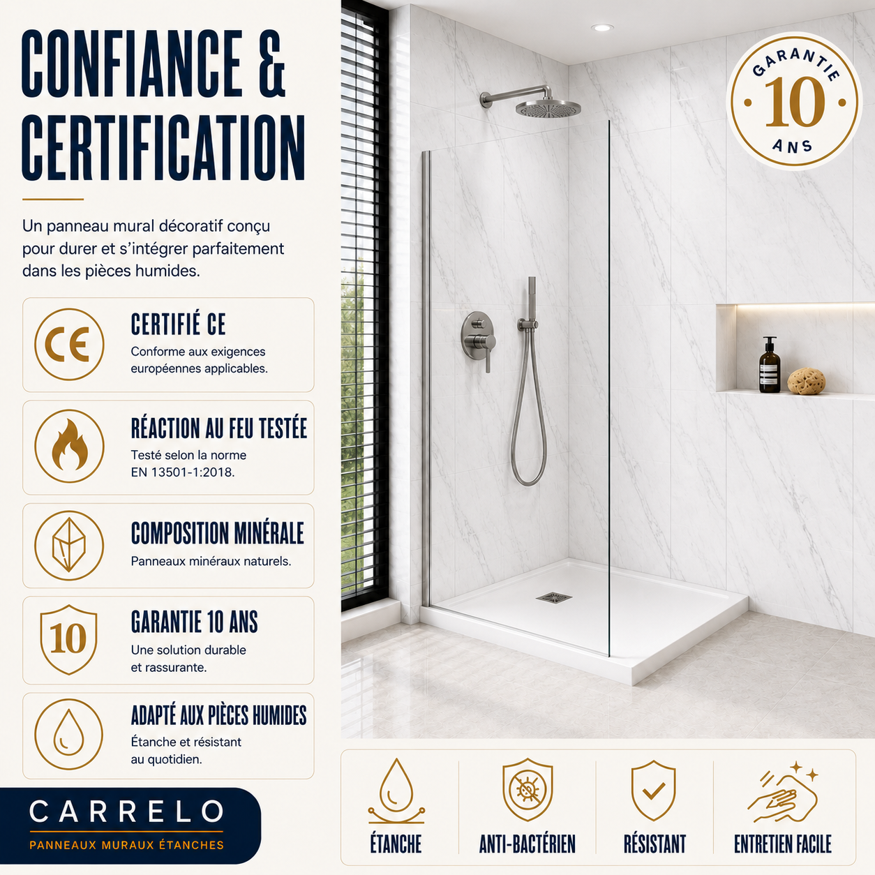 Pack de 3 panneaux muraux de salle de bain 60x90 marbre blanc