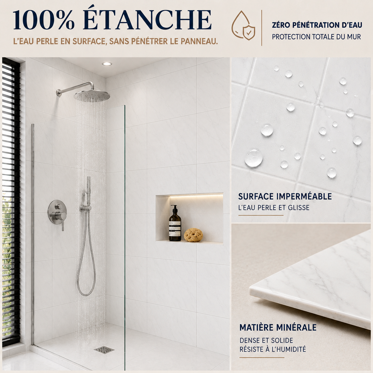 Pack de 3 panneaux muraux de salle de bain 60x90 marbre blanc