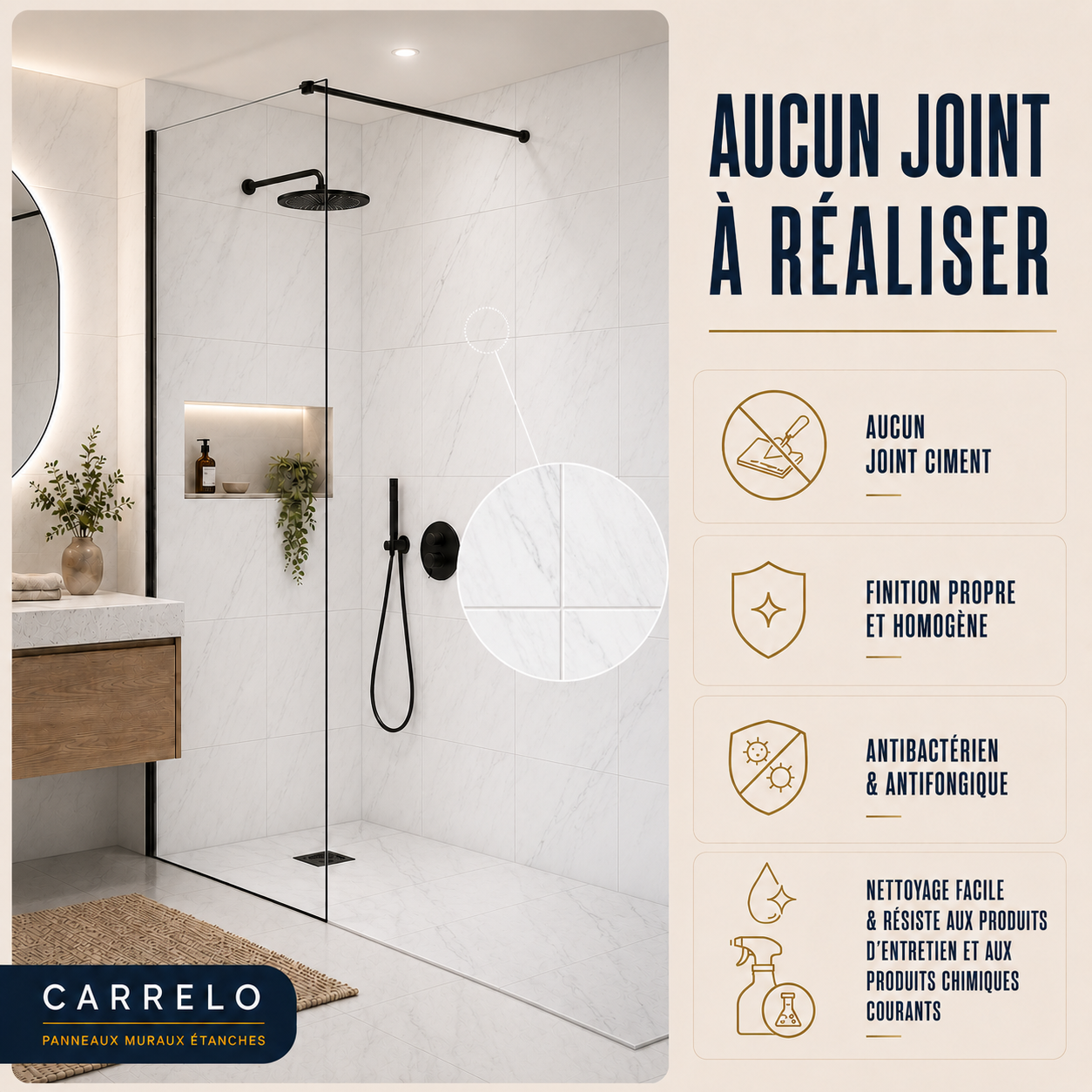 Pack de 3 panneaux muraux de salle de bain 60x90 marbre blanc