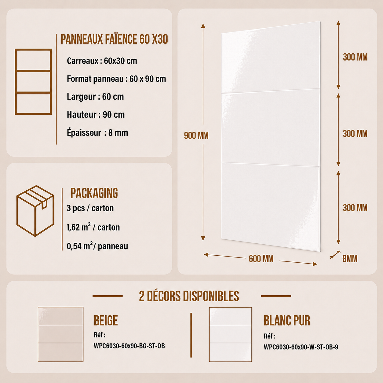 Pack de 3 panneaux muraux de salle de bain 60x90cm aspect faience