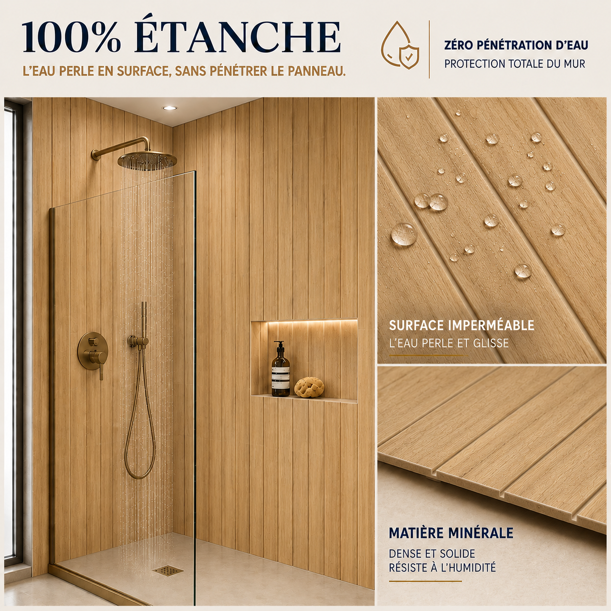 Pack de 3 panneaux muraux de salle de bain 90x60cm effet bois