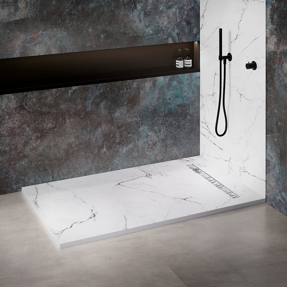 Receveur de douche 200x100 en Résine aspect Marbre - Grille carrée Excentrée