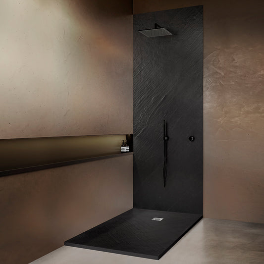 Panneau mural de salle de bain en pi�rre naturelle Graphite noir avec natte d'�tanch�it�