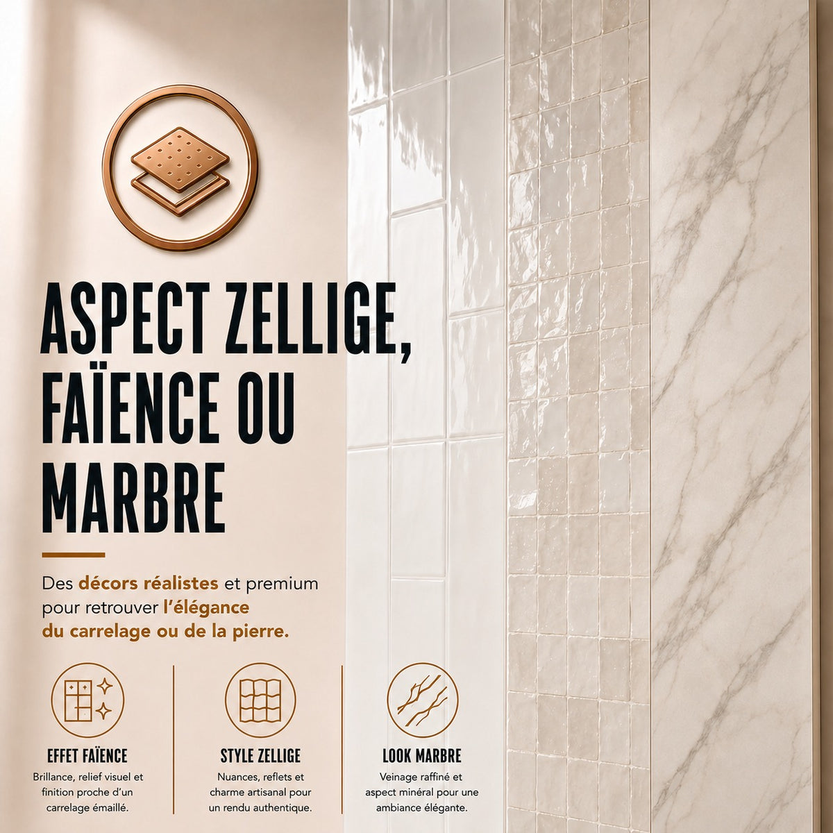 Aspect zellige, faïence ou marbre