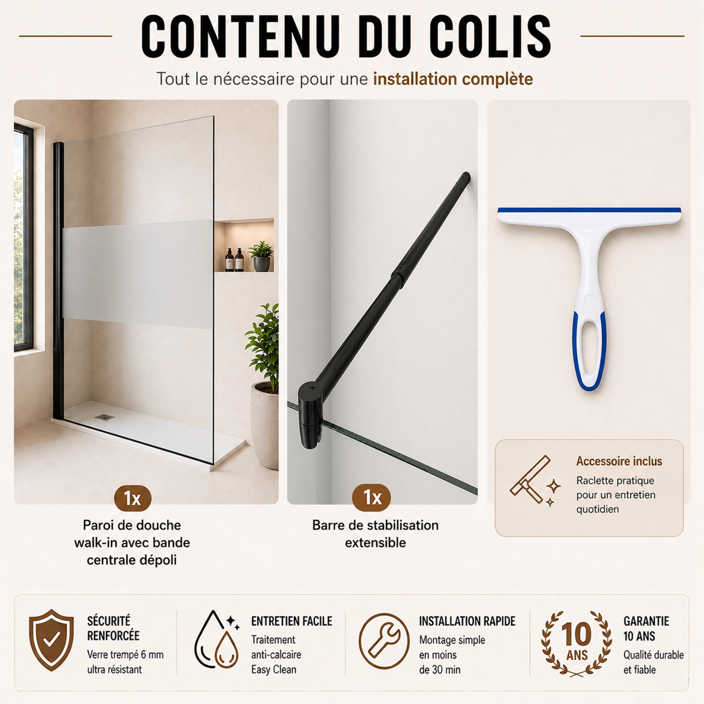 Paroi de douche en verre transparent avec bande centrale sabl�e et accessoires en noir mat