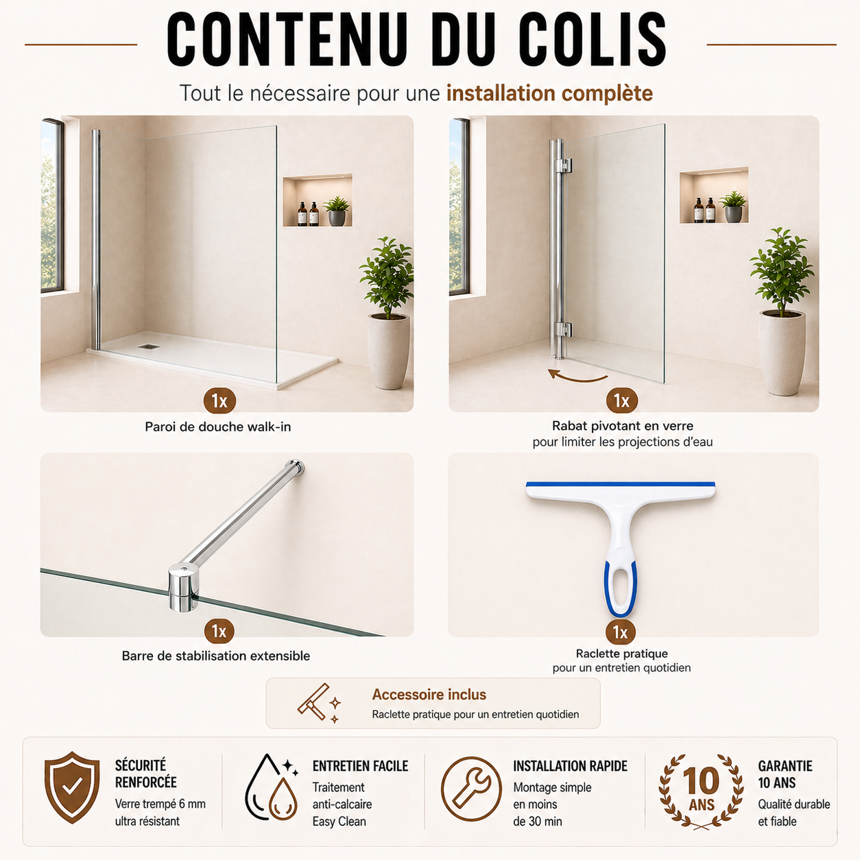 Paroi de douche avec retour pivotant 180° en verre transparent accessoires en aluminium chromé
