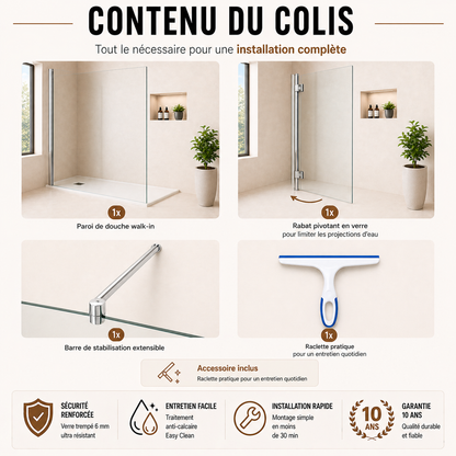 Paroi de douche avec retour pivotant 180° en verre transparent accessoires en aluminium chromé