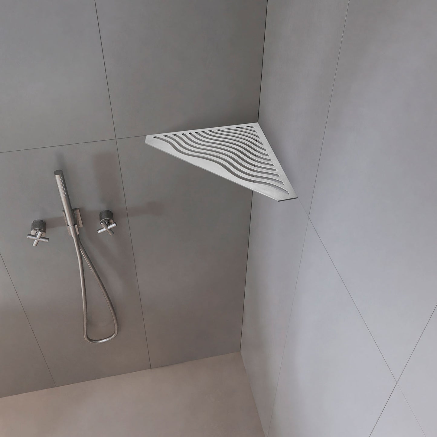 �tag�re de coin de douche pentagonale en inox fixation sans percer