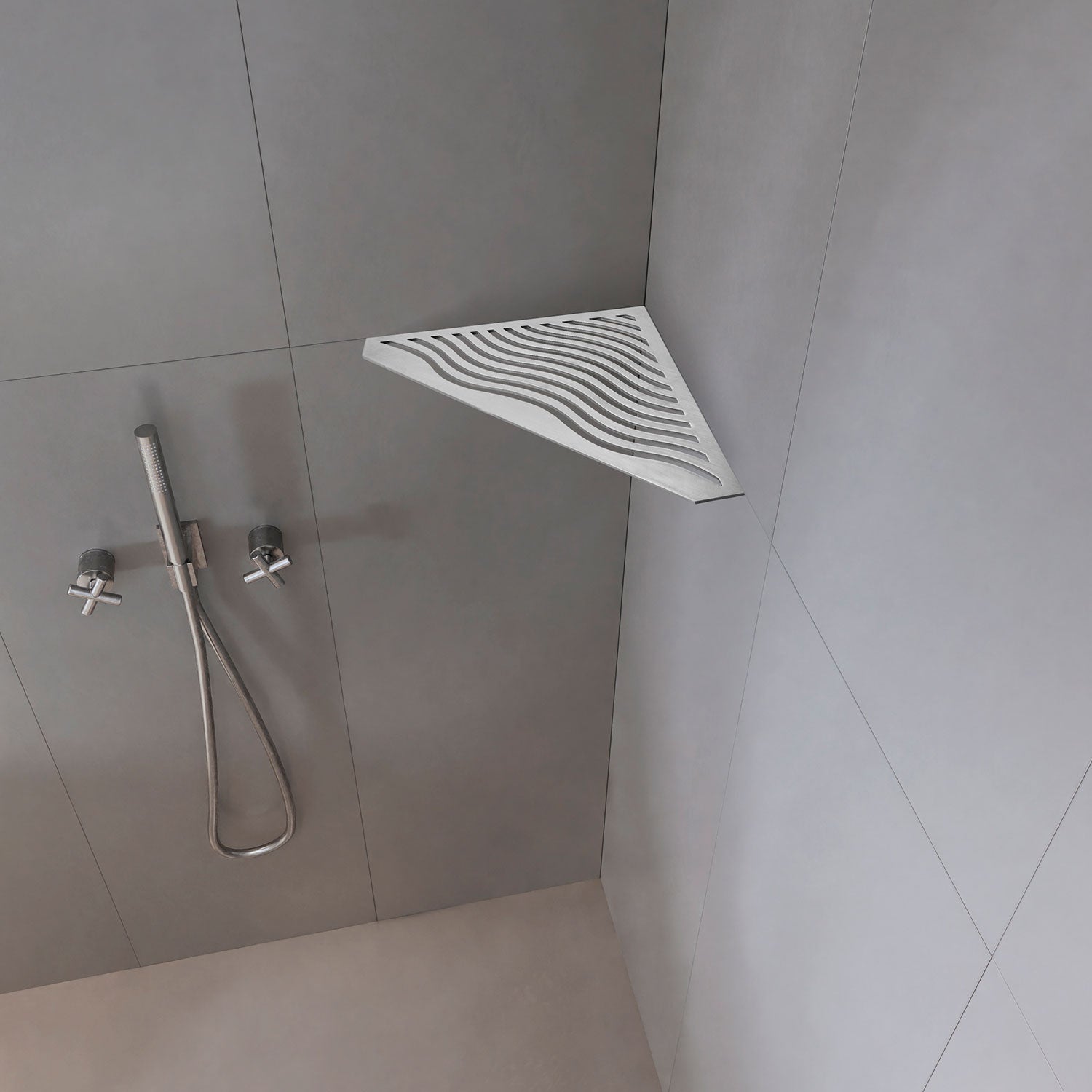 �tag�re de coin de douche pentagonale en inox fixation sans percer