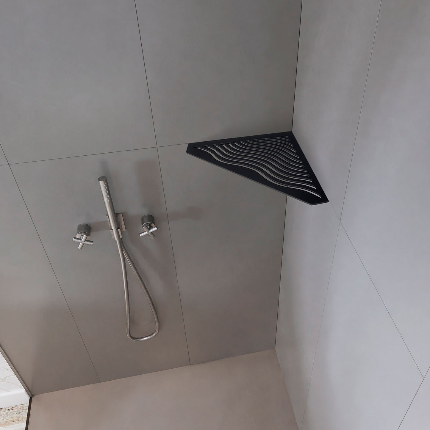 �tag�re de coin de douche pentagonale en inox fixation sans percer