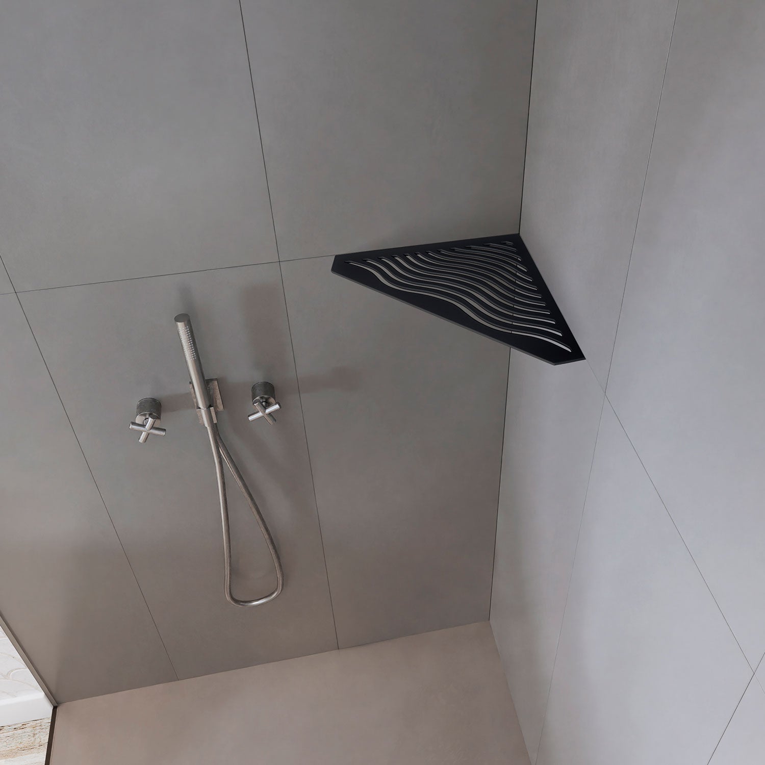 �tag�re de coin de douche pentagonale en inox fixation sans percer