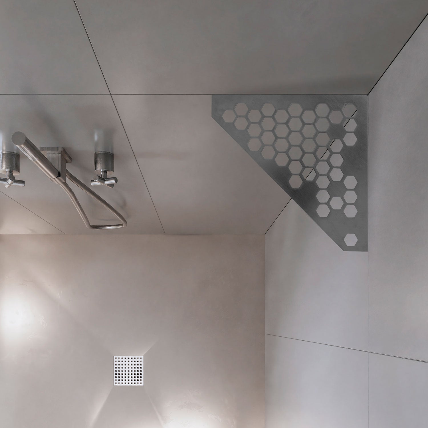 �tag�re de coin de douche pentagonale en inox fixation sans percer