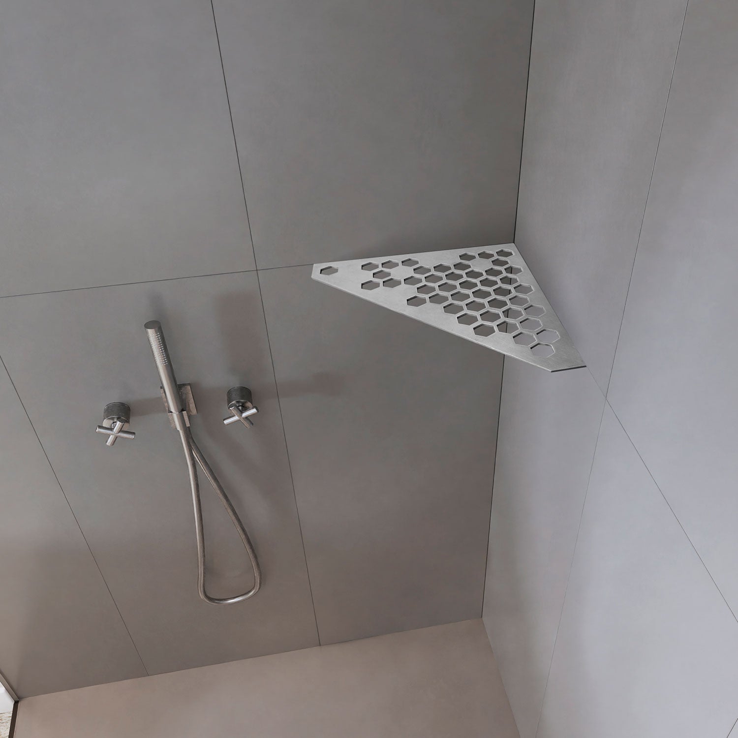 �tag�re de coin de douche pentagonale en inox fixation sans percer