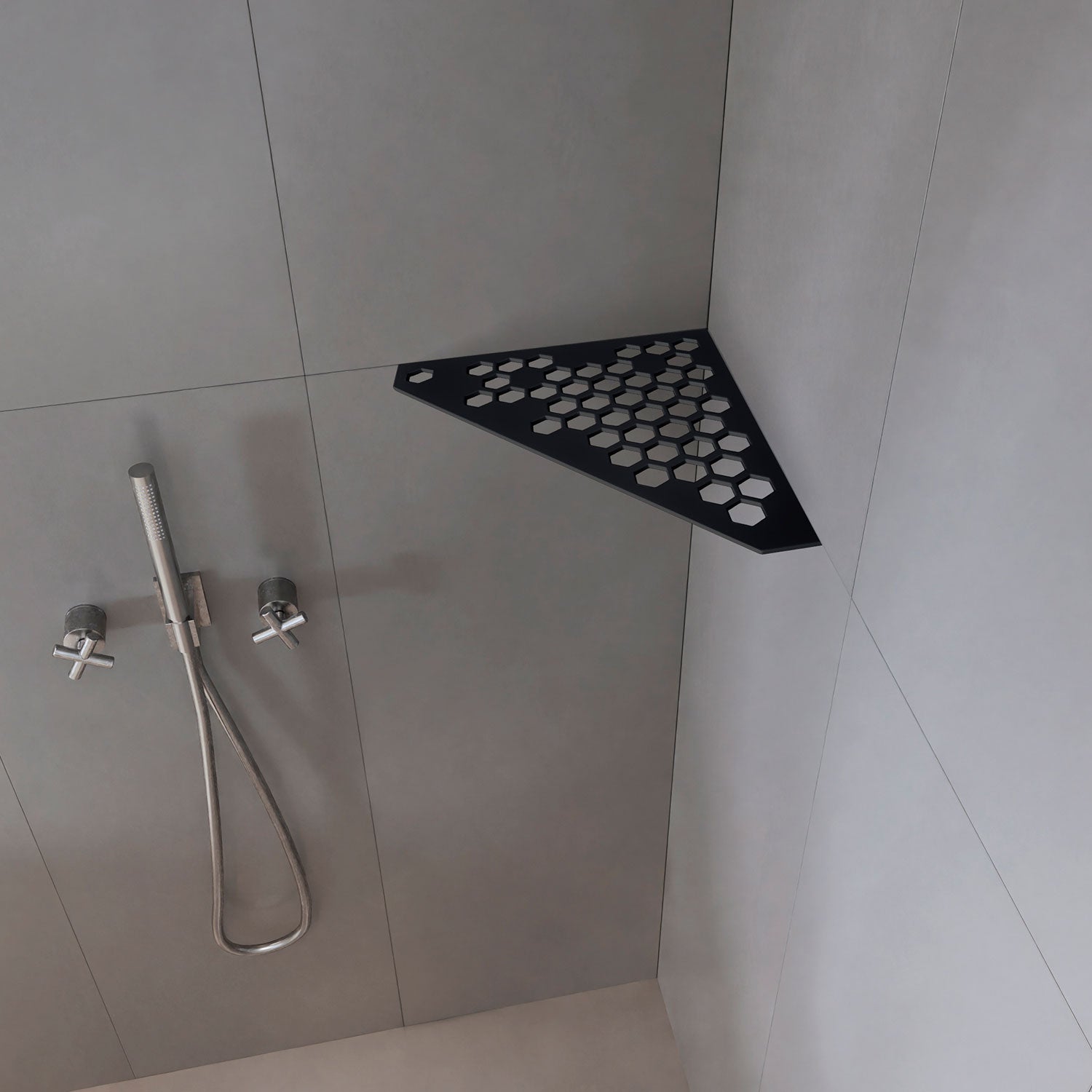 �tag�re de coin de douche pentagonale en inox fixation sans percer
