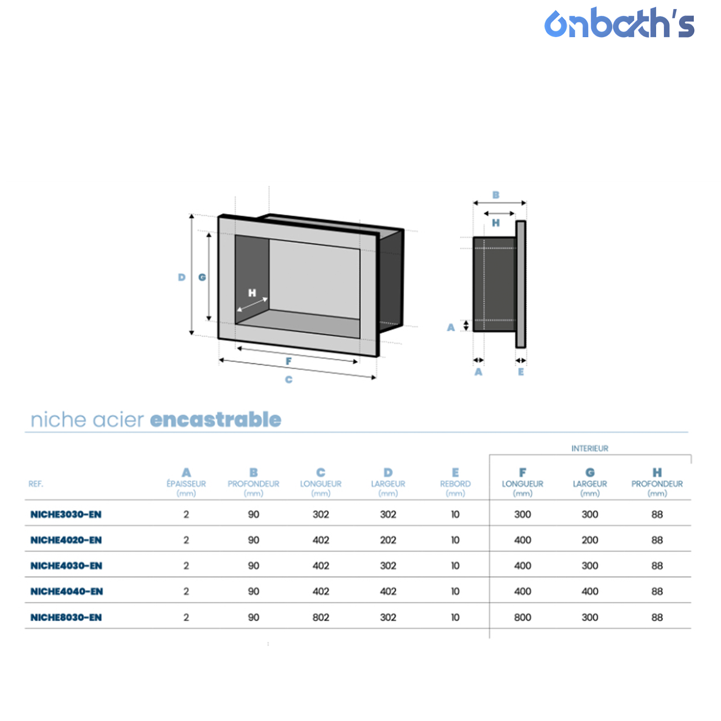 Niche Encastrable 40x20 cm en acier inoxydable 9cm de profondeur