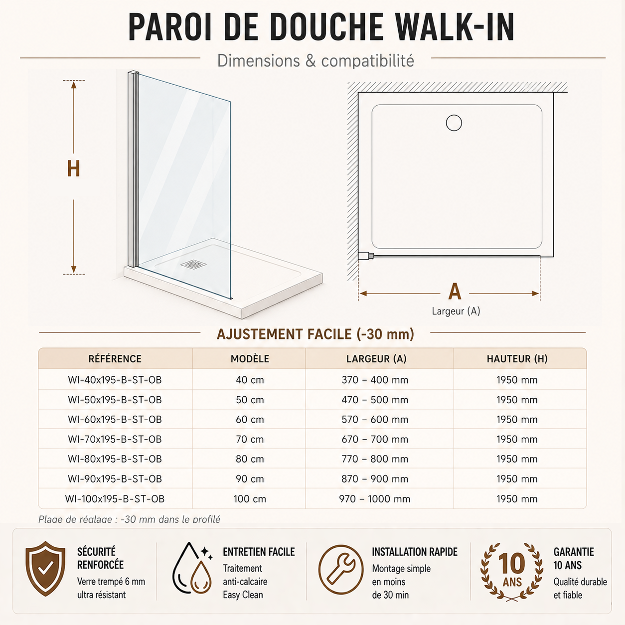 Paroi de douche en verre transparent avec bande centrale sabl�e et accessoires en noir mat
