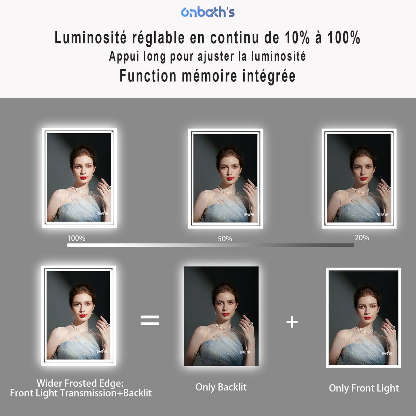 Miroir lumineux salle de bain Anti-Buée rectangulaire Éclairage 3 Couleurs avec mémoire IP44