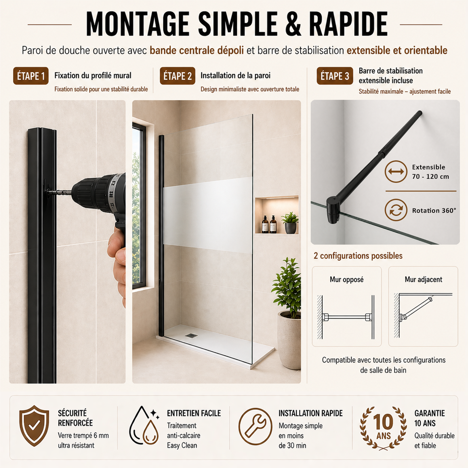 Paroi de douche en verre transparent avec bande centrale sabl�e et accessoires en noir mat