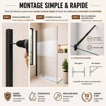 Paroi de douche en verre transparent avec bande centrale sabl�e et accessoires en noir mat
