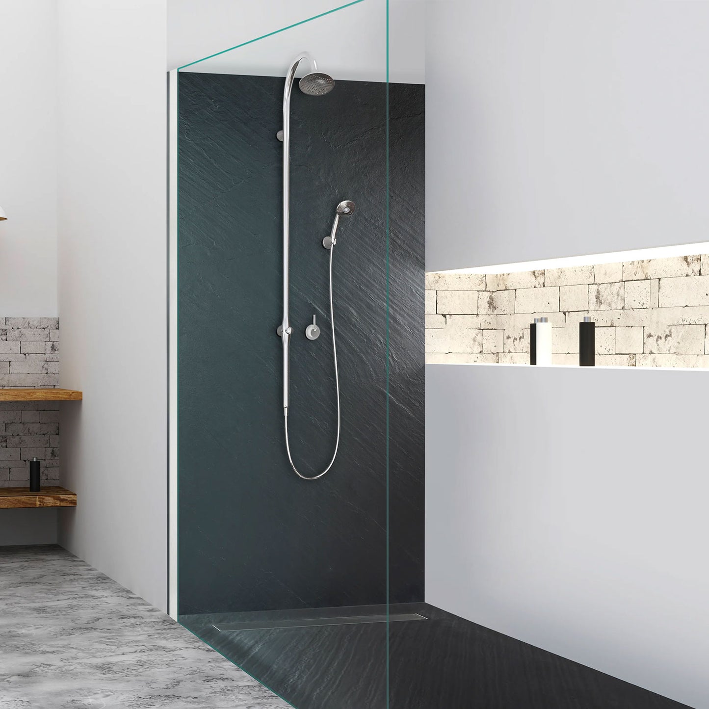 Panneau mural de salle de bain en pi�rre naturelle Graphite noir avec natte d'�tanch�it�
