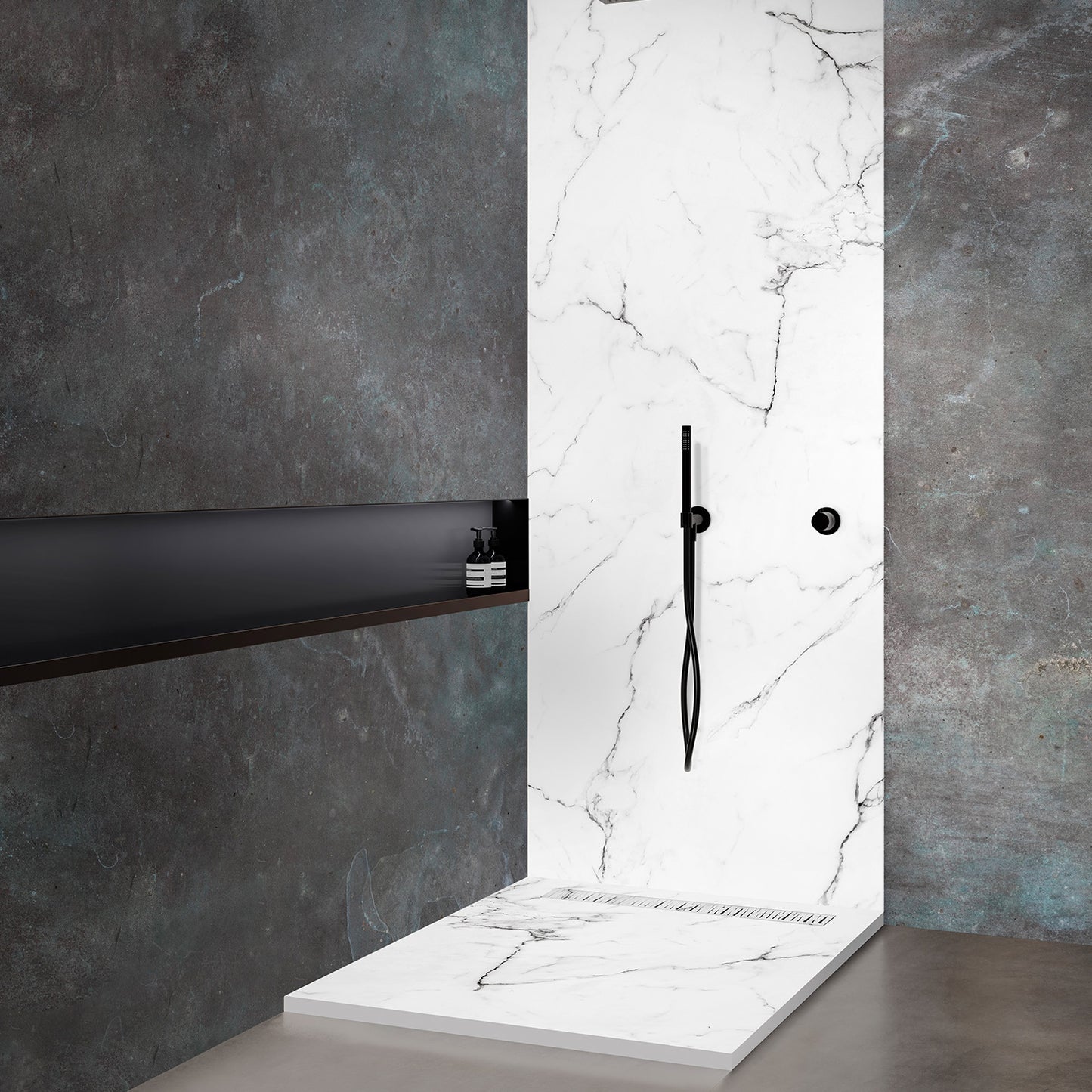 Receveur de douche 70x70 en Résine aspect Marbre - Caniveau allongé Excentré