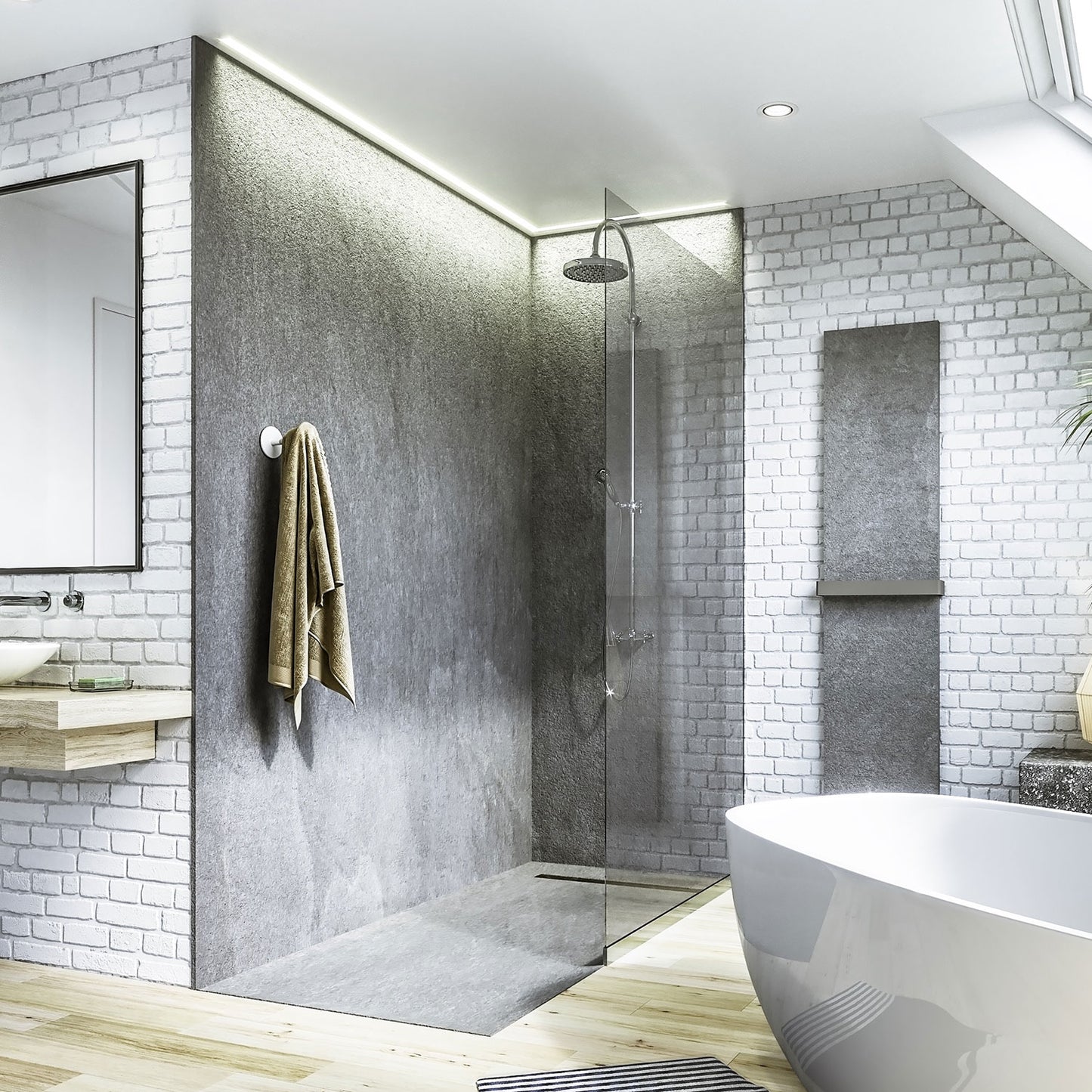 Kit bac � douche 100x100 avec panneau mural en pierre naturelle