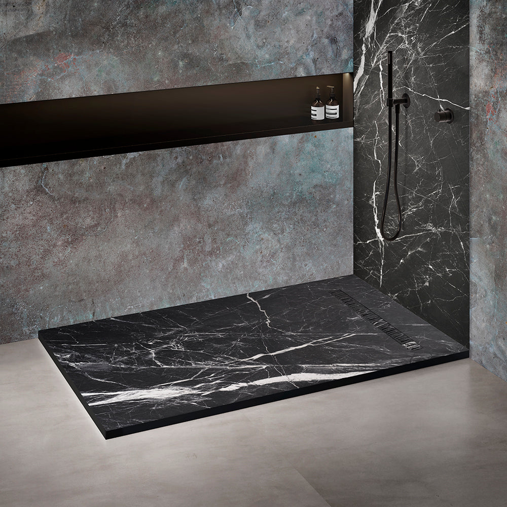Receveur de douche 200x100 en Résine aspect Marbre - Grille carrée Excentrée
