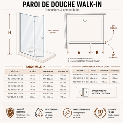 Paroi de douche avec retour pivotant 180° en verre transparent accessoires en aluminium chromé